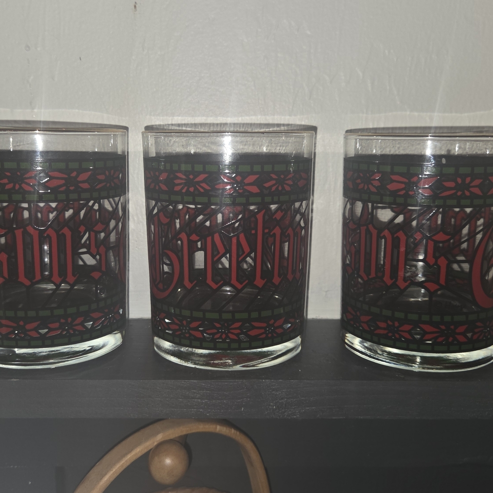 VTG Houze Christmas Glasses "Seasons Greetings" S/3 Low Ball Cocktail, Eggnog